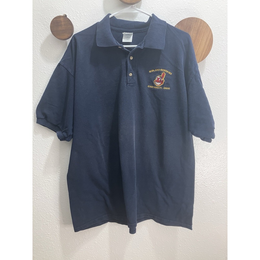 VTG 90s Midland Chief Wahoo Men's XL Polo Crable Navy Blue 100% Cotton